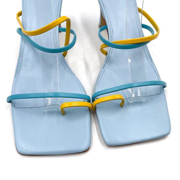 Marc Fisher Calida Sandals Blue Yellow Leather Strap Square Open Toe Sz 10 - Picture 3 of 9